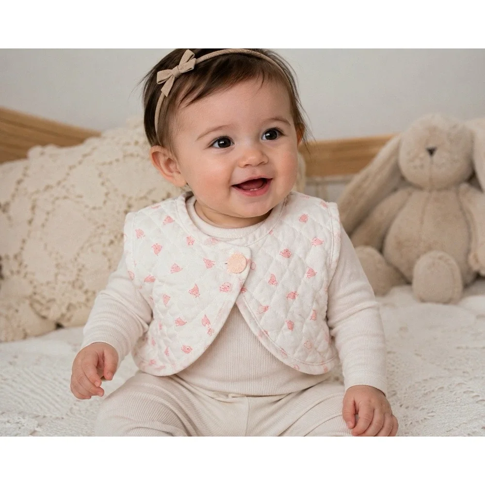 Vintage Carter's Quilted Baby Vest Pink Bird Print Layette Size Snap Front